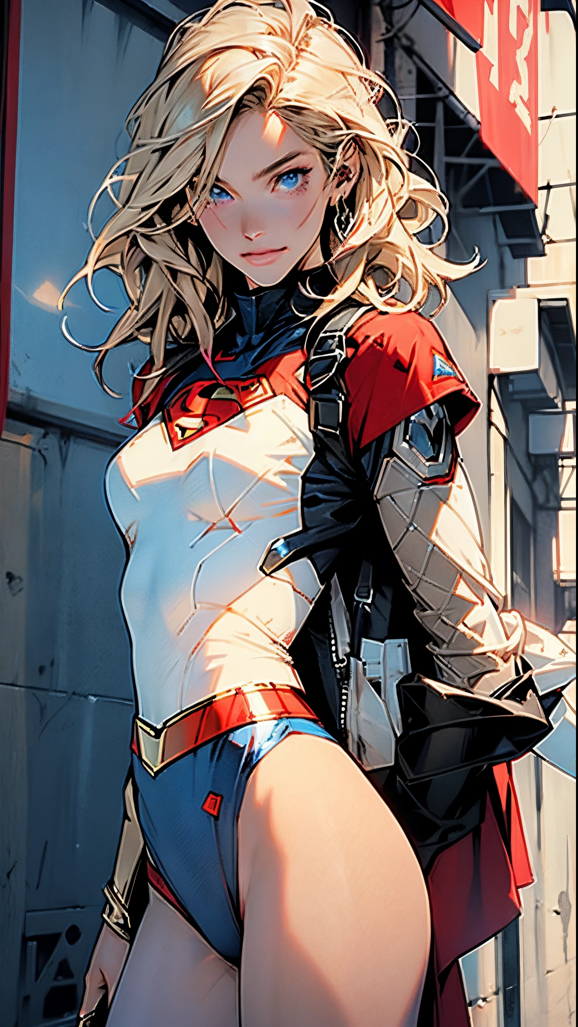 Supergirl body set thick thighs cybernetic body parts, short underwear, blonde with blue eyes, superman S symbol on the chest, detailed face, gorgeous, gorgeous smile.