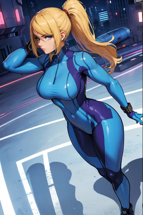 (masterpiece), best quality, expressive eyes, perfect face, highres, 1 girl solo, samus aran, ponytail, hair tie, blue gloves, blue bodysuit, city, futuristic city, serius, standing, full body, looking at the viewer