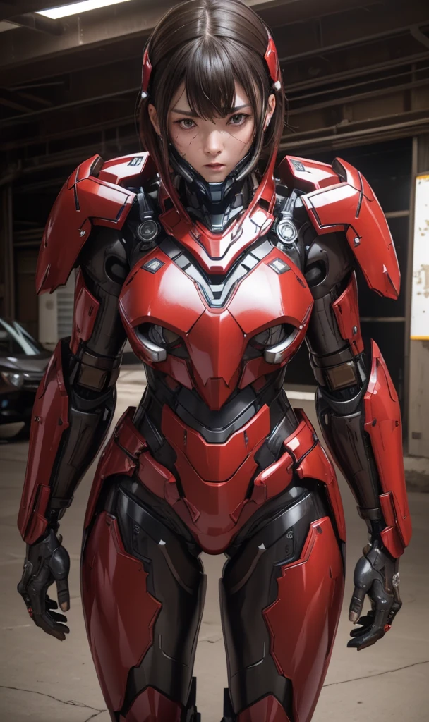 Textured skin, Super Detail, high details, High quality, Best Quality, hight resolution, 1080p, hard disk, Beautiful,(War Machine),beautiful cyborg woman,red and black mecha cyborg girl,Battle Mode,Girl with a Mecha Body(armor red 7、black 3 ratio),She wears a futuristic war machine weapon mech、Very Shorthair、Brown eyes、Sweaty face、tired expression、　Opening Mouth　sexy eye　Steam from the head　kneeking　fullface　Destroyed combat uniforms　heavily damaged armor　Sweaty face　Woman with distressed expression　completely and partially destroyed