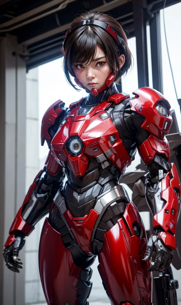Textured skin, Super Detail, high details, High quality, Best Quality, hight resolution, 1080p, hard disk, Beautiful,(War Machine),beautiful cyborg woman,red and black mecha cyborg girl,Battle Mode,Girl with a Mecha Body(armor red 7、black 3 ratio),She wears a futuristic war machine weapon mech、Very Shorthair、Brown eyes、Sweaty face、tired expression、　Opening Mouth　sexy eye　Steam from the head　kneeking　fullface　Destroyed combat uniforms　heavily damaged armor　Sweaty face　Woman with distressed expression　completely and partially destroyed