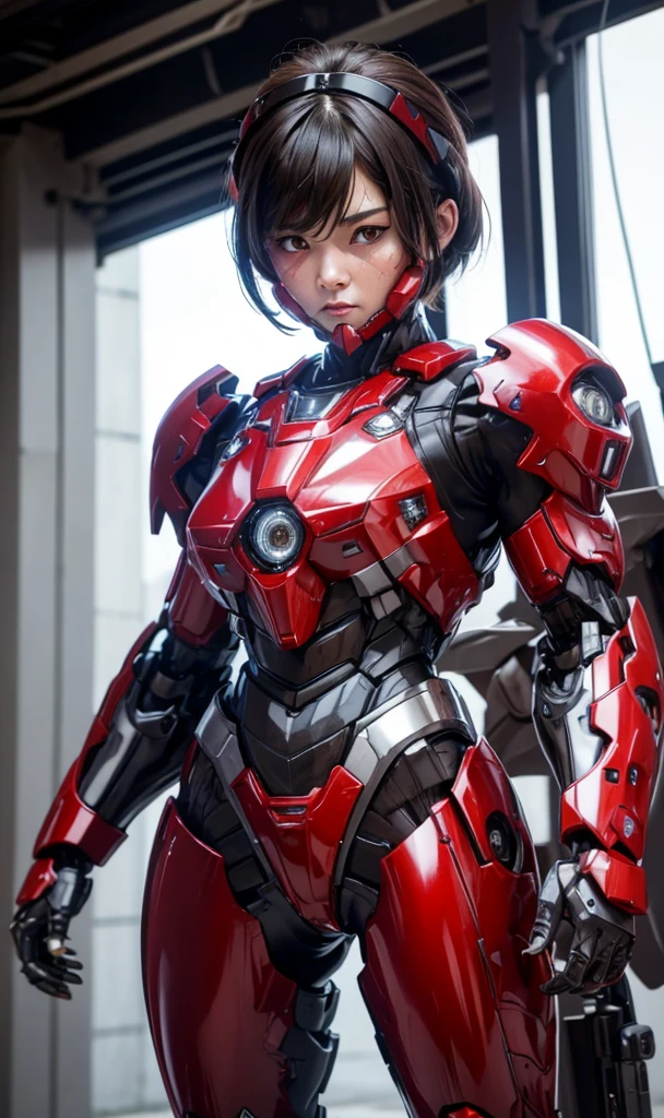 peau texturée, Super détail, détails élevés, Haute qualité, Meilleure qualité, haute résolution, 1080P, disque dur, Beau,(machine de guerre),belle femme cyborg,fille cyborg mecha rouge et noire,mode de combat,Fille avec un corps Mecha(armure rouge 7、rapport noir 3),Elle porte une machine-arme de guerre futuriste、Poil très court、yeux marrons、Visage en sueur、expression fatiguée、　Ouverture de la bouche　oeil sexy　Vapeur de la tête　à genoux　visage complet　Uniformes de combat détruits　Armure fortement endommagée　Visage en sueur　Femme avec une expression en détresse　complètement et partiellement détruit