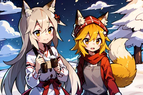 Yandex chan, A  girl, Fox ears, Christmas tree, winter, winter clothes