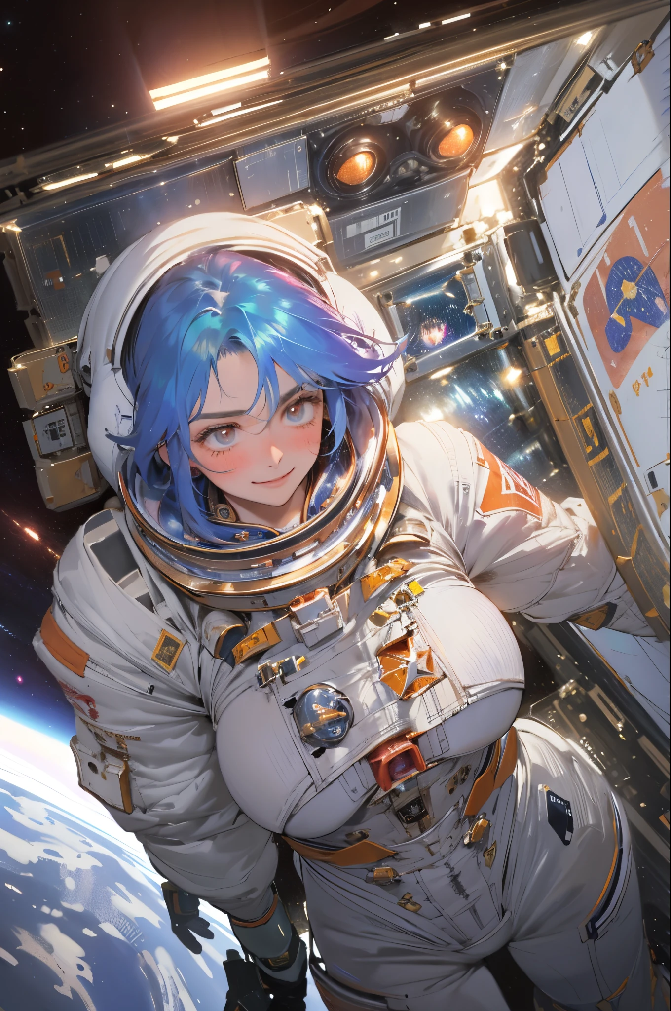 (Innovative spacesuit design)、Create ultra-detailed and futuristic images of beautiful astronauts,(Ultra-futuristic space suit) 、(((((Colossal tits)))))、26 year old、(((A slender one)))、Eyes of the Earth、((((((真实感)))))、High level of image quality、RAW photogr、8K、((((iridescent inner hair)))、((((((working in space))))))、Future space city in the background、Red blush、the shy、Cheerful face