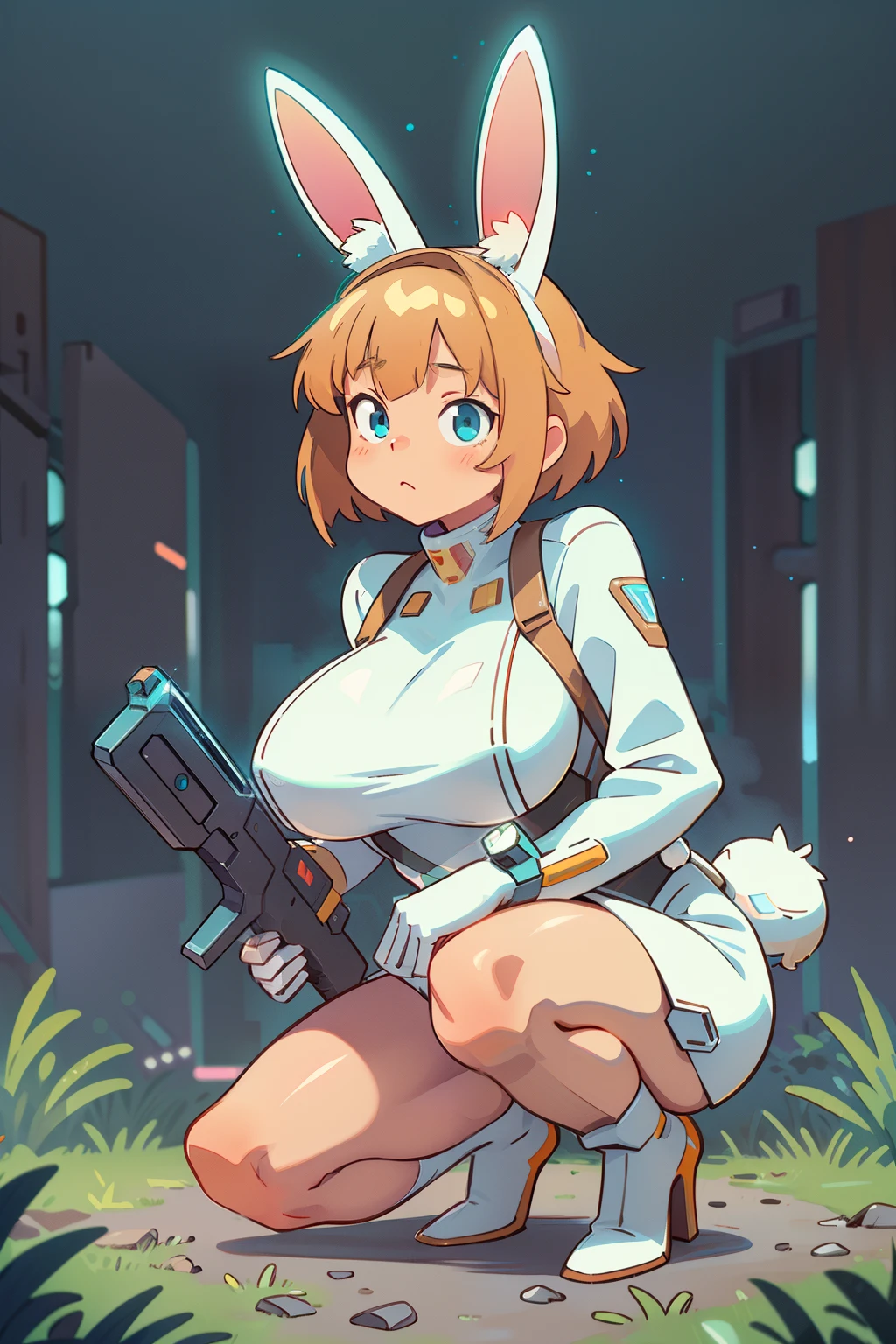 1fille, lapin, sÔlÔ,Lapin,oreilles,ÔutdÔÔrs,neÔn lights,éclairage cinématographique,cyberpunk,Mecha Musume,hÔlding weapÔn,Pistolet,lÔÔking at viewer,;Ô,blanc \(hocher la tête\),femelle mature,(seins énormes),brillant,brillant skin,squat,talons hauts noirs