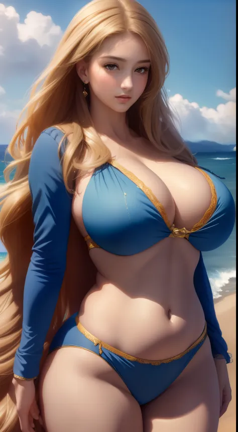 (masterpiece, best quality, ultra high res, beautiful detailed hair detailed face, perfect feminine face, anime face:1.2), (a woman standing on a very wide sea,blue sky,peaceful expression,waveless sea,vivid colors,ultra-detailed,realistic), by gil elvgren, george kamitani, william-adolphe bouguereau, big ass, big buttock, butterball asig breasts:1.4), oil painting, oil on canvas