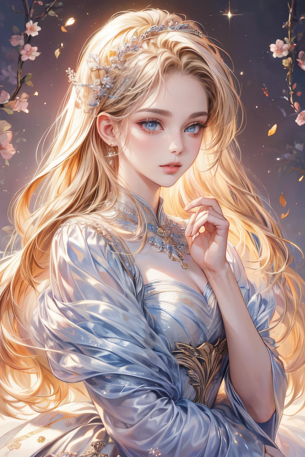 (best quality:1.4,masterpiece:1.4),ultra-high resolution,8K,CG,exquisite,upper body,,thumb girl,little princess,Taffeta court dress,floral background,detailed facial features,flowing long hair,almond-shaped eyes,elaborate eye makeup,fluttering long eyelashes,sparkling eyes and starry gaze,delicate lip details,soft and harmonious style.