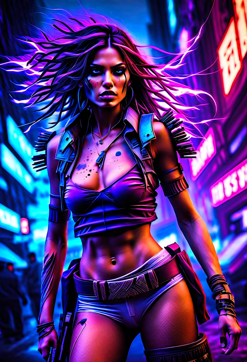 (melhor qualidade,4K,alta resolução,obra de arte:1.2),Ultra-detalhado,realista:1.37, garota cyberpunk indígena americana, pintura de guerra,campo de batalha cyberpunk de rua, ,paisagem,colorida,iluminação contrastante,cheio de ação,ritmo acelerado,cores vivas,corajoso,sci-fi,guerreiro,Forte,perspectiva com zoom invertido,arranha-céus imponentes,luzes de neon,elementos tecnológicos,explosões,atmosfera caótica,intenso,Energético,Pós-apocalíptico,Olhos expressivos,Cabelo esvoaçante,pose dinâmica,roupas robustas,rastro de poeira,fumaça,desfoque de movimento,Balas voando,Nuvens de detritos,tons de cores otimistas,expressão desafiadora,comportamento confiante,características marcantes,presença dominante,aventura,um confronto épico entre o passado e o futuro,mistura de culturas,símbolo de resiliência e força., erótico,nu,topless,