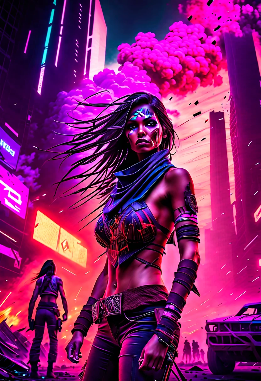 (melhor qualidade,4K,alta resolução,obra de arte:1.2),Ultra-detalhado,realista:1.37, garota cyberpunk indígena americana, pintura de guerra,campo de batalha cyberpunk de rua, ,paisagem,colorida,iluminação contrastante,cheio de ação,ritmo acelerado,cores vivas,corajoso,sci-fi,guerreiro,Forte,perspectiva com zoom invertido,arranha-céus imponentes,luzes de neon,elementos tecnológicos,explosões,atmosfera caótica,intenso,Energético,Pós-apocalíptico,Olhos expressivos,Cabelo esvoaçante,pose dinâmica,roupas robustas,rastro de poeira,fumaça,desfoque de movimento,Balas voando,Nuvens de detritos,tons de cores otimistas,expressão desafiadora,comportamento confiante,características marcantes,presença dominante,aventura,um confronto épico entre o passado e o futuro,mistura de culturas,símbolo de resiliência e força., erótico,nu,topless,