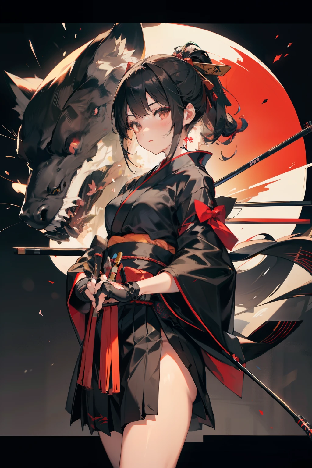 black kimono, hakama skirt,  partially fingerless gloves, muneate
1 girl in, solo, archery,bow,Arrow,