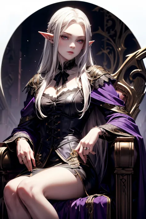 An aristocratic young very beautiful vampire elf with blond hair and scarlet eyes in gothic expensive clothes sits on a throne in an ornate castle against the backdrop of moonlight.. Standing next to him is a young elf with long snow-white hair and violet ...