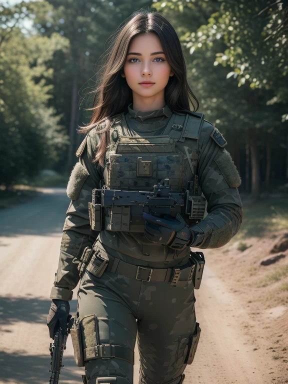 ((best quality)), ((masterpiece)), (detailed), beautiful lighting, best quality, realistic, full body portrait, real picture, intricate details, depth of field, 1girl, in a cold snowstorm, A very muscular solider girl with long haircut, wearing swat heavy armor, swat plate carrier rig, combat glove, magazine pouches, (kneepads), heavy weapon, highly-detailed, perfect face, blue eyes, lips, wide hips, small waist, tall, make up, Fujifilm XT3, outdoors, bright day, Beautiful lighting, RAW photo, 8k UHD, film grain, ((bokeh))