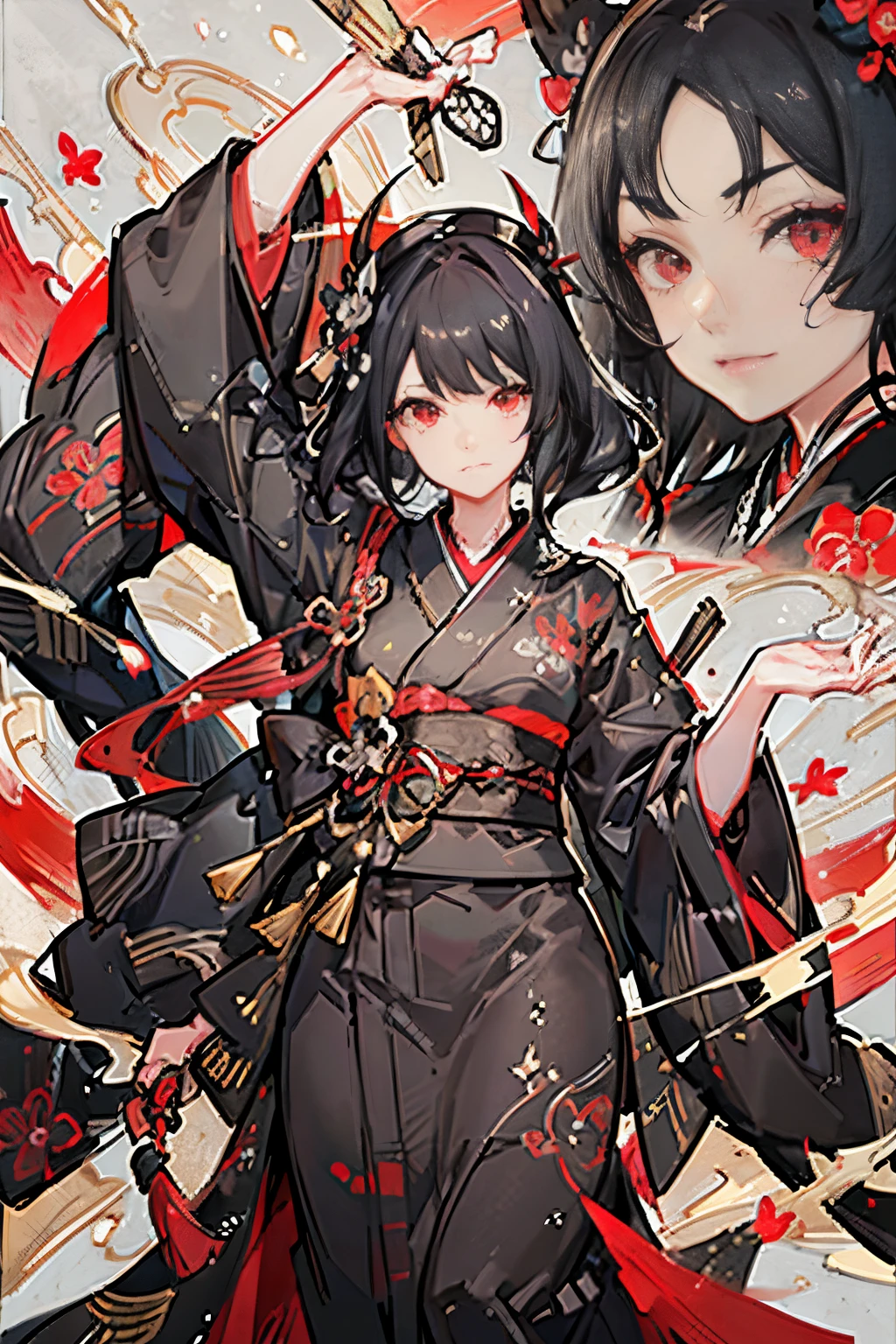 black kimono, hakama skirt,  partially fingerless gloves, muneate
1 girl in, solo, archery,bow,Arrow, {{{Ukiyo-e_style}}},{{flat_style}},{simple_colors},{{{masterpiece}}},{katsushika_hokusai},long_hair,hair_flower,{{black_hair}},red_eyes,{chinoiserie},{{{best_quality}}},kimono,{{ultra-detailed}},{illustration},Maple_leaves_flying,{{1girl}},{{{solo}}},{{an_extremely_delicate_and_beautiful}},blank_stare,close_to_viewer,{breeze},{Flying_splashes},{Flying_petals},wind,{Gorgeous and rich graphics}