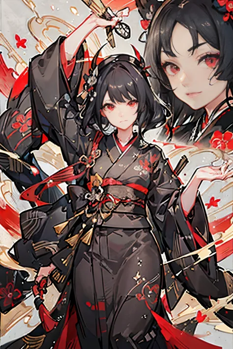black kimono, hakama skirt,  partially fingerless gloves, muneate
1 girl in, solo, archery,bow,Arrow, {{{Ukiyo-e_style}}},{{flat...