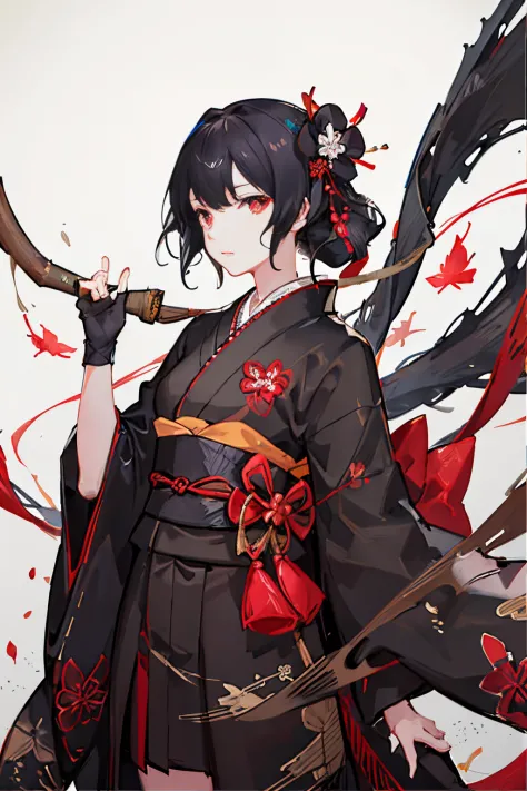 black kimono, hakama skirt, partially fingerless gloves, muneate 1 girl in, solo, archery,bow,Arrow, {{{Ukiyo-e_style}}},{{flat_style}},{simple_colors},{{{masterpiece}}},{katsushika_hokusai},long_hair,hair_flower,{{black_hair}},red_eyes,{chinoiserie},{{{be...