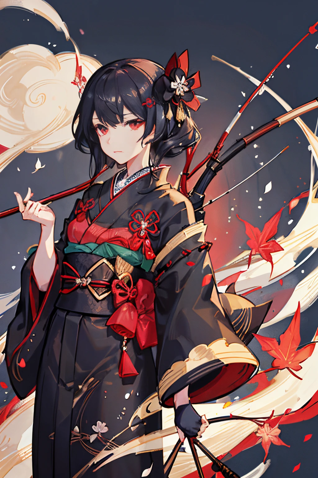 black kimono, hakama skirt, partially fingerless gloves, muneate 1 girl in, solo, archery,bow,Arrow, {{{Ukiyo-e_style}}},{{flat_style}},{simple_colors},{{{masterpiece}}},{katsushika_hokusai},long_hair,hair_flower,{{black_hair}},red_eyes,{chinoiserie},{{{best_quality}}},kimono,{{ultra-detailed}},{illustration},Maple_leaves_flying,{{1girl}},{{{solo}}},{{an_extremely_delicate_and_beautiful}},blank_stare,close_to_viewer,{breeze},{Flying_splashes},{Flying_petals},wind,{Gorgeous and rich graphics}