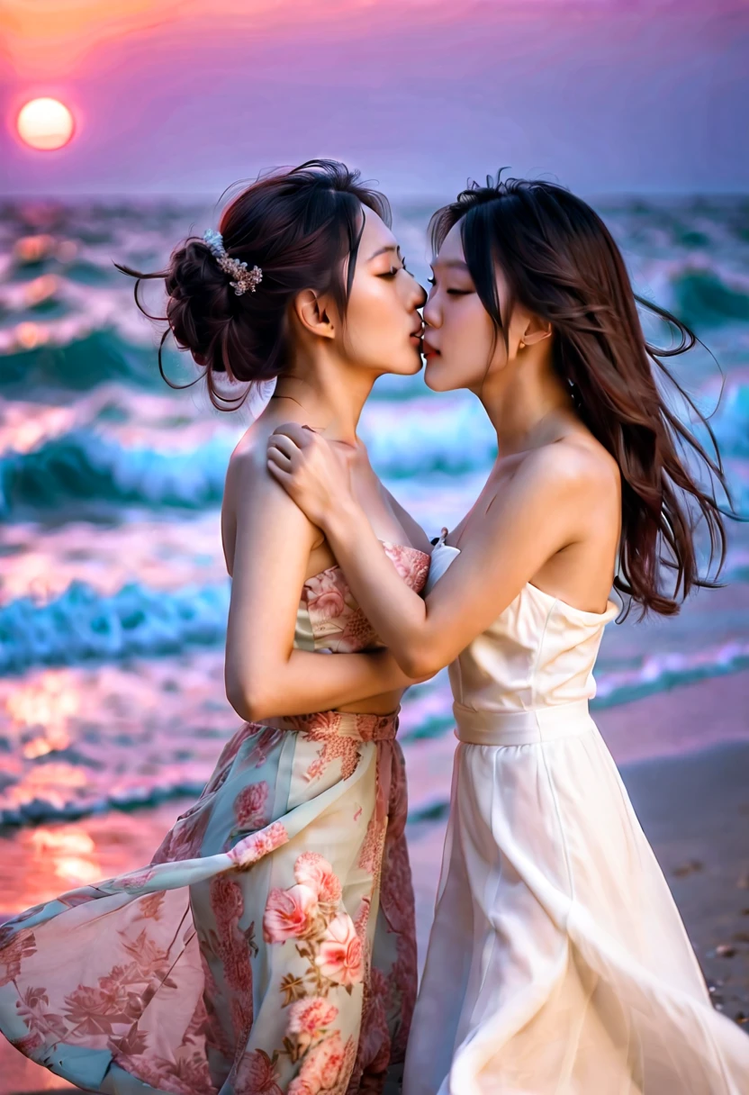 Dos hermosas chicas asiáticas eróticas teniendo :: amar::manosear::besar:: en la playa mientras las olas salpican sobre ellos al atardecer