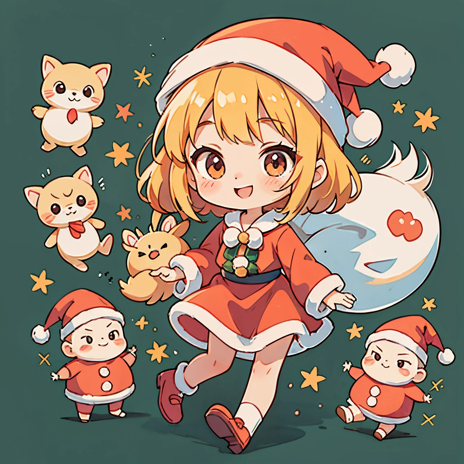 solo，FOND ROUGE，Une jolie fille habillée en Père Noël、Poupée chibi souriante