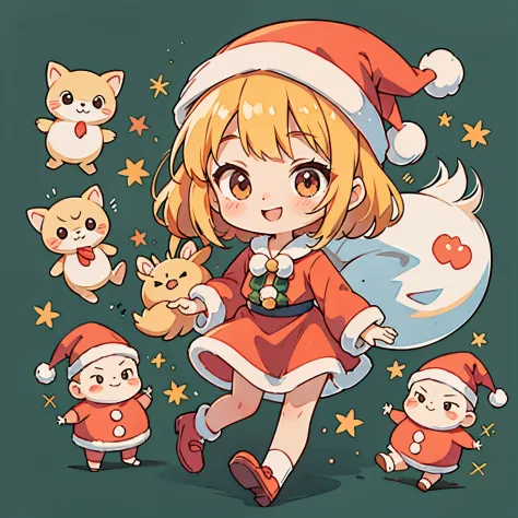 独奏，fundo vermelho，A cute girl dressed as Santa Claus、Smiling chibi doll
