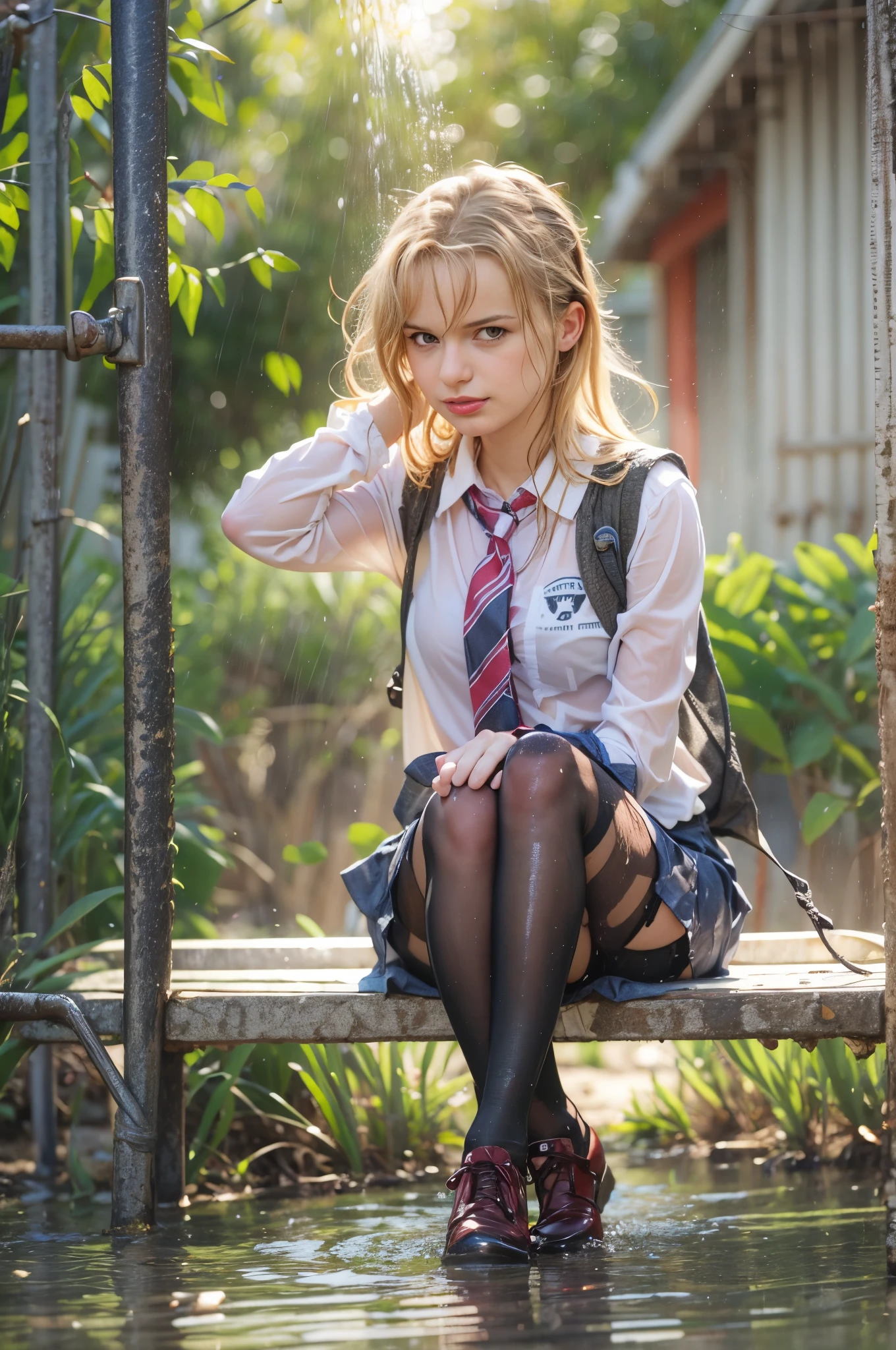 1girl,((school uniform)) ,blush,light smile, sitting,outdoors, hot day, sweaty, dripping sweat, wet clothes,  rural, see through, renatadaninsky