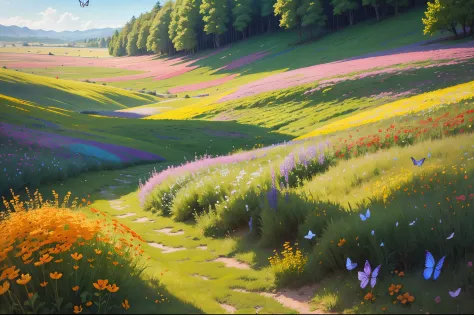 2D, A vibrant meadow overflowing with wildflowers in various colors, with butterflies fluttering amongst the blooms.