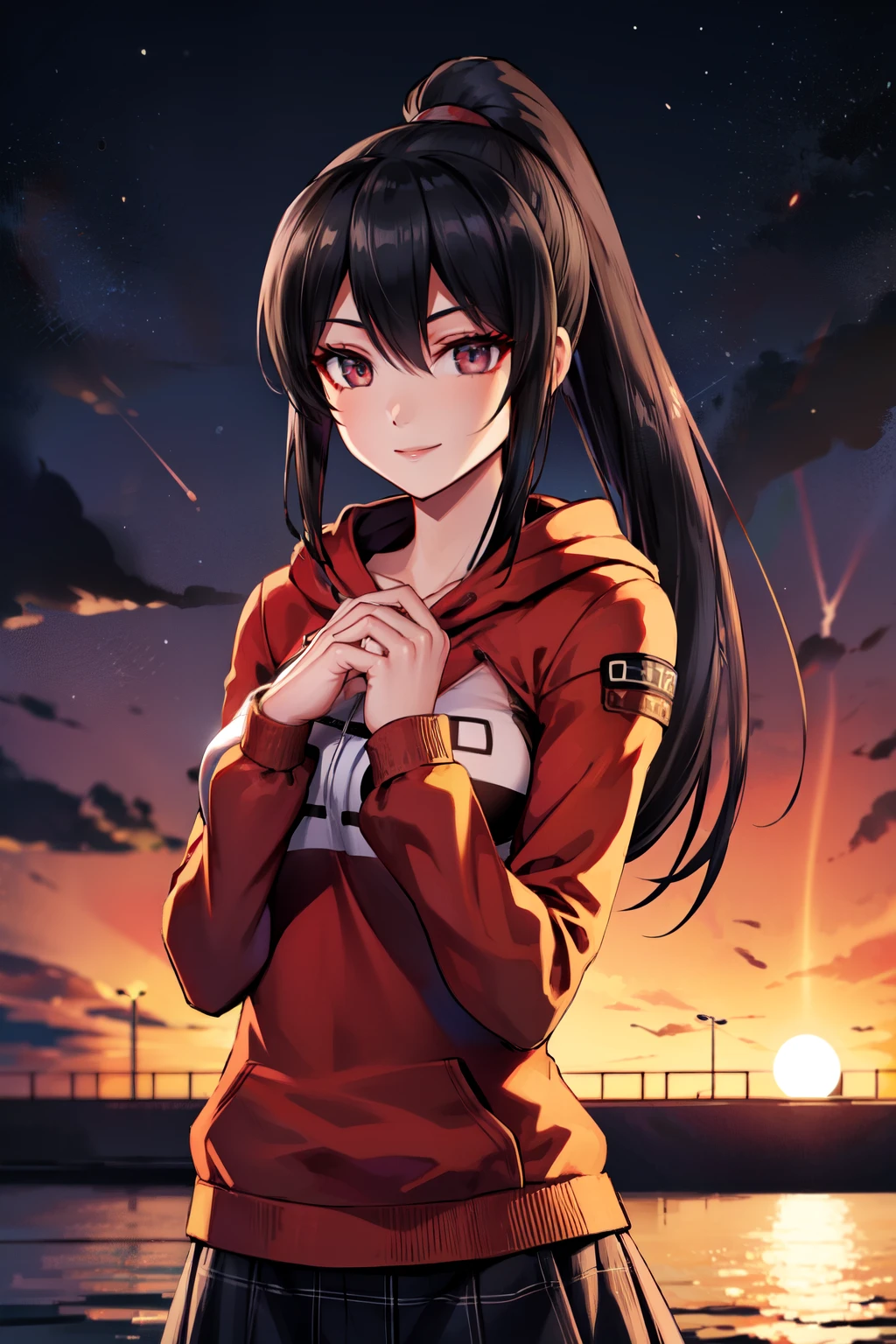 1 girl, 28 years old, Long black hair and high ponytail, black eyes with slit pupils, small breasts, master-piece, best quality,  proportional body, proportional,  Wear a short dark red hoodie hood, Check plaid skirt, deep in the night, Moon Night, The rooftop of a building overlooking the city, Night sky with the moon shining, photon mapping, Radio City, shinny skin, sexy facial expression, Make eye contact with the camera, (light_Smile:1.5), (Detailed hands and fingers:1.2)