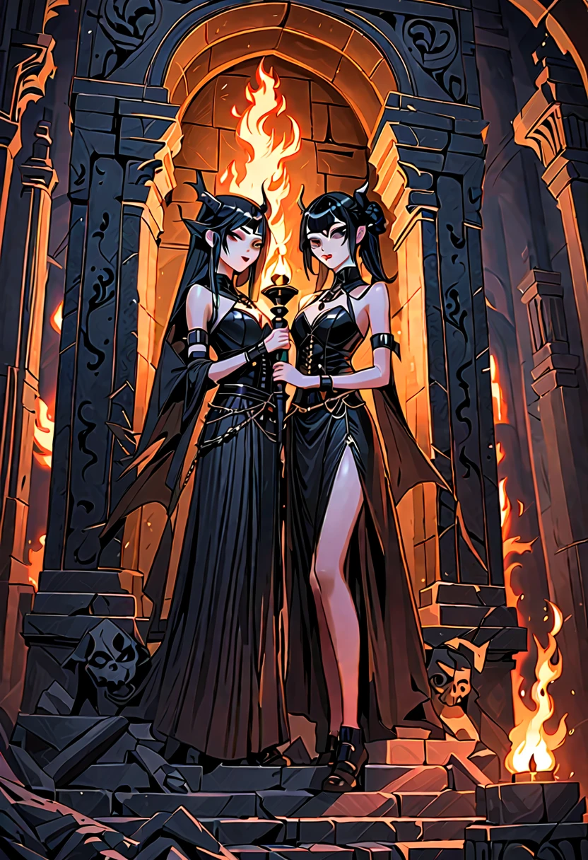 two sexy asian goth girls  love in a mausoleum on top of a demonic ancient cracked stone sarcophagus by the lght of a burning torch in a gargoyle sconce on the wall behind them