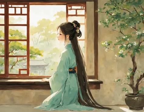 painting of ancient china, there is a back of a young girl sitting in a room in an ancient china house, the young girl has long ...