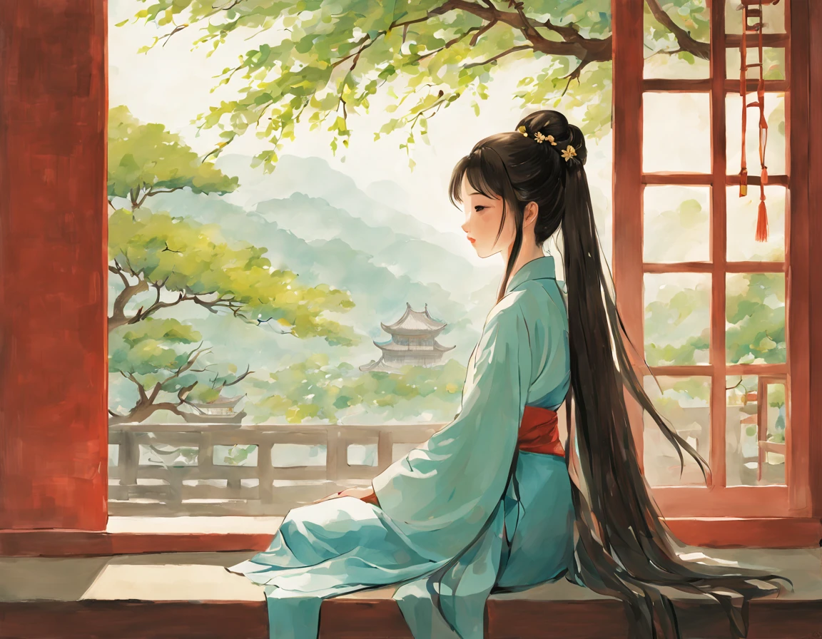 painting of ancient china, there is a back of a young girl sitting in a room in an ancient china house, the young girl has long flowing hair, she is wearing hanfu and happily looking out of the window seeing the tree outside, the window is rounded, spring, calming atmosphere, peaceful, soft