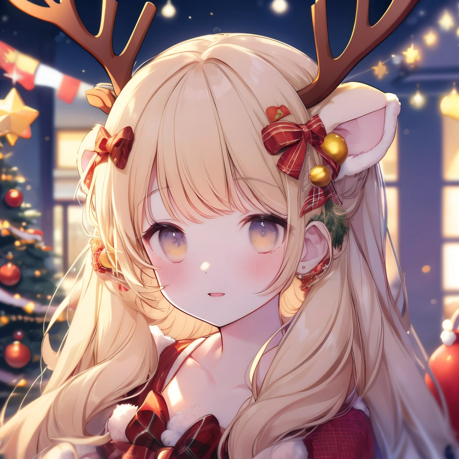 Chica anime con cuernos de reno y adornos navideños frente a un árbol de  Navidad. - SeaArt AI