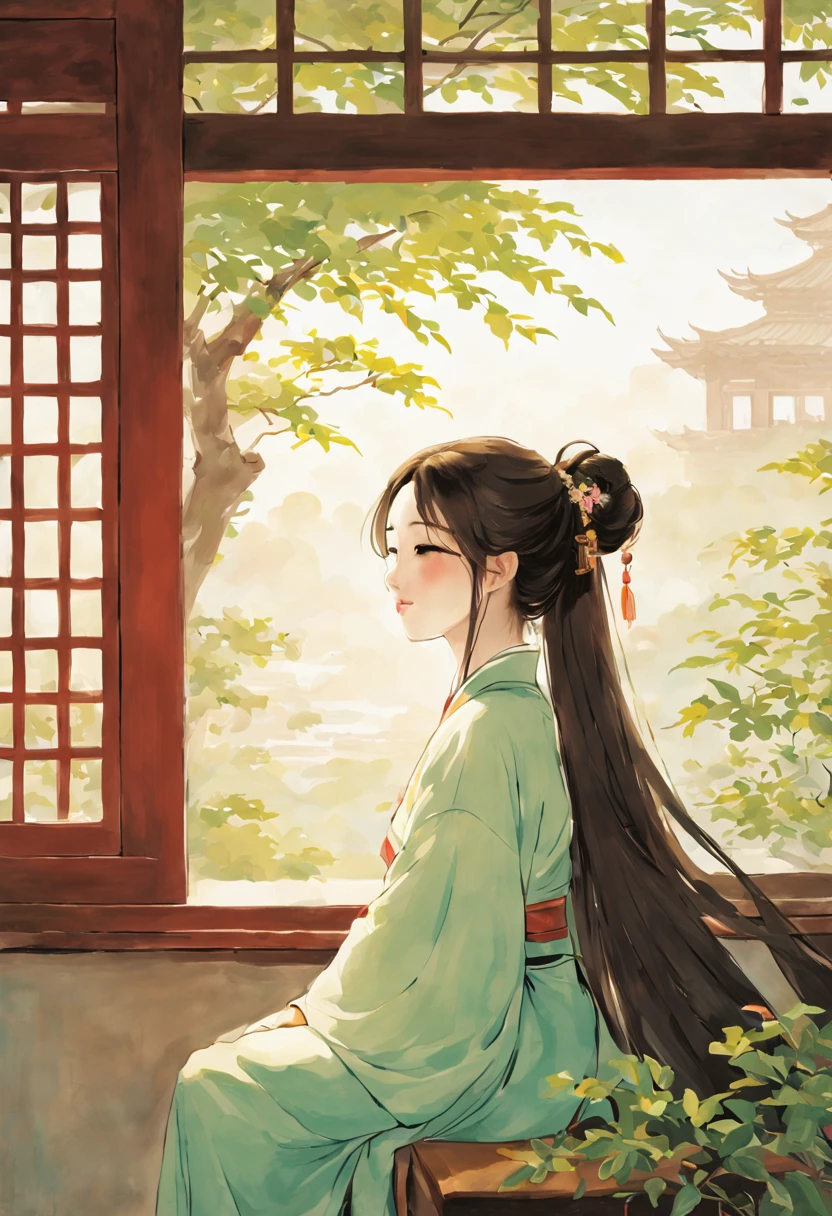 painting of ancient china, there is a back of a young girl sitting in a room in an ancient china house, the young girl has long flowing hair, she is wearing hanfu and happily looking out of the window seeing the tree outside, she is smiling, the window is rounded, spring, calming atmosphere, peaceful, soft