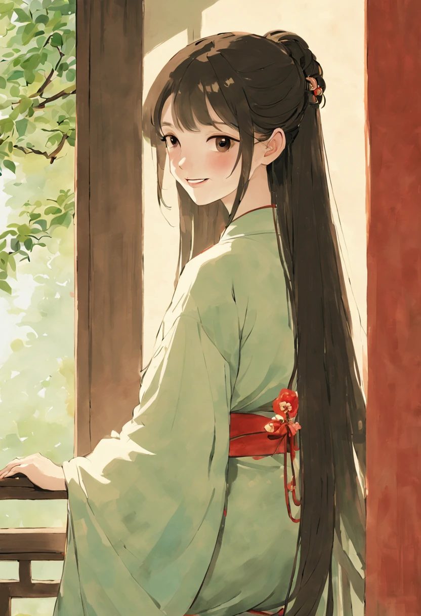 painting of ancient china, there is a back of a young girl sitting in a room in an ancient china house, the young girl has long flowing hair, she is wearing hanfu and happily looking out of the window seeing the tree outside, she is smiling, the window is rounded, spring, calming atmosphere, peaceful, soft