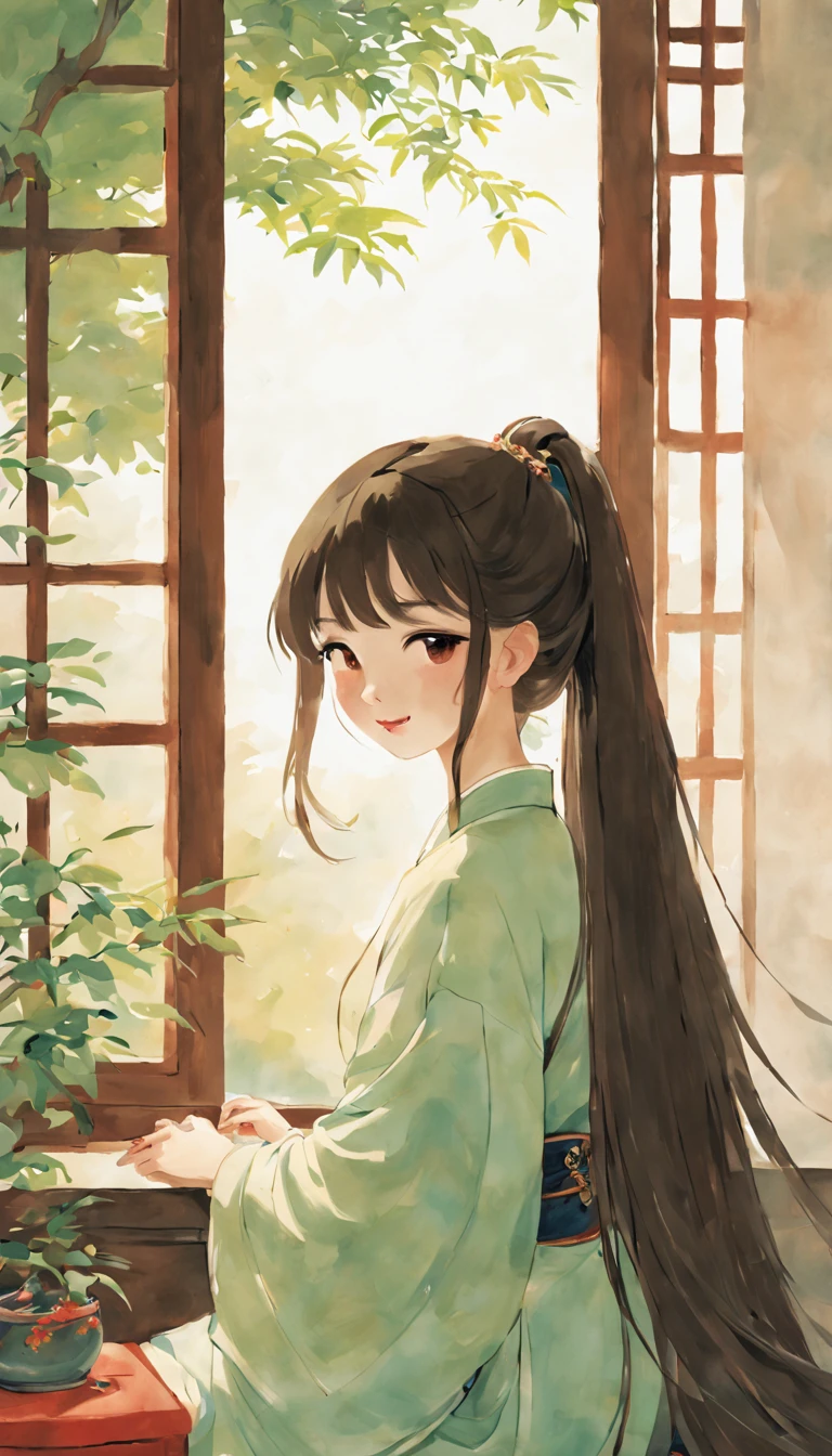 painting of ancient china, there is a back of a young girl sitting in a room in an ancient china house, the young girl has long flowing hair, she is wearing hanfu and happily looking out of the window seeing the tree outside, she is smiling, the window is rounded, calming atmosphere, peaceful, soft, the girl only take about one fourth of the picture