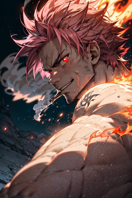 ((Front view)) Muscular Natsu Dragneel surrounded by lava, smirking, looking at the viewer, shirtless, muscular, sweating heavily, (best quality, 4k, highres, masterpiece:1.2), ultra-detailed, (at a distance:1.37), intense heat, fiery atmosphere, powerful aura, glowing red eyes, sharp facial features, fiery pink hair, fierce expression, dragon tattoo on his right arm, flames dancing around him, smoke billowing from the lava, epic composition, front view, vibrant colors, strong contrast, spot lighting