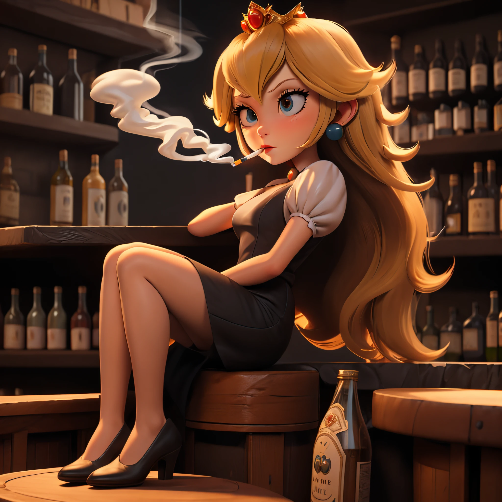 Princess Peach smoking in a dark bar, thoughtful facial expression, Business suit, Film noir, Full body shot, Sitting at the bar, Vintage bottles,