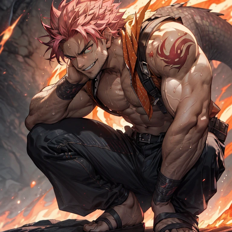 ((Vorderansicht, Ganzkörper)) Der muskulöse Natsu Dragneel in der Hocke, Umgeben von Lava, ((grinsend))( maskulin schöne Augen:1.5) (detailliertes symmetrisches Gesicht:1.2) , den Betrachter anschauen, mit nacktem Oberkörper, muskulös, starkes Schwitzen, (beste Qualität, 4k, highres, Meisterwerk:1.2), ultra-detailliert, (Auf Distanz:1.37), starke Hitze, feurige Atmosphäre, kraftvolle Aura, leuchtend rote Augen, scharfe Gesichtszüge, feurig rosa Haare, grimmiger Ausdruck, Drachentattoo auf seinem rechten Arm, Flammen tanzen um ihn herum, Rauch steigt aus der Lava auf, epische Komposition, Vorderansicht, leuchtende Farben, starker Kontrast, Spotbeleuchtung