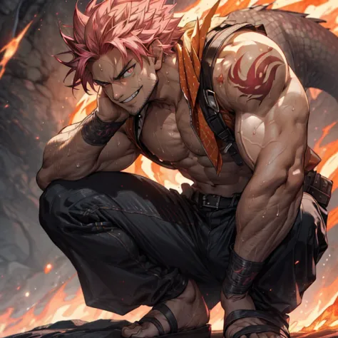 ((Front view, full body)) Muscular Natsu Dragneel squatting, surrounded by lava, ((smirking))( masculine beautiful eyes:1.5) (de...