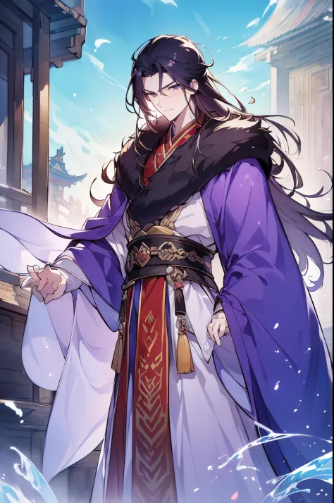 (Best quality,A high resolution,The image  clear:1.2),Ultra detailed backgrounds,Beautiful man standing holding sword，this it，wind blowing through，Chinese style clothes,Purple collar，Fur-collared cape，Cloak，Garden scene,under moonlight,waterfall man，Romant...