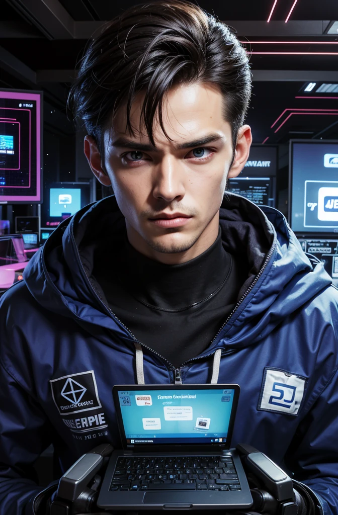 there is a man holding a laptop in his hands, digital cyberpunk, cyber aesthetic, digital cyberpunk, guy with blue eyes, beaten tech. neo-noir style