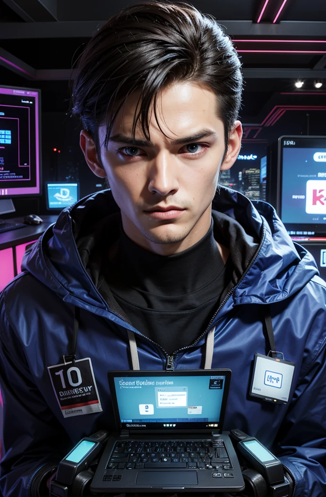 there is a man holding a laptop in his hands, digital cyberpunk, cyber aesthetic, digital cyberpunk, guy with blue eyes, beaten tech. neo-noir style