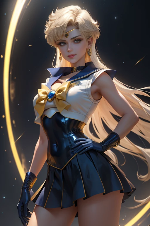 Filled: 1.3, stand, master part, ..3d, Realistic, Ultra Micro Photography, top-quality, ultra detailed CG unity 8k wallpaper, short hair: 1.3, Floating blonde: 1.2, from low, details Intricate, (1 female), 28 sailor Uranus, mature woman, breasts small, aqua eyes, blonde hair, Meixiaonfu, Breasts huge, Athletic body, Mer1, tiara, Uniforme Sailor Senshi),Uniforme Sailor Senshi: 1.2, Sailor Uranuighting Pose)), (flat-chested: 1.4, tall and muscular: 1.4, muscular abs: 1.2,Small face, very tall and perfectly proportioned, Long and sexy legs, Sexy and dynamic model pose), (Luxury Gold Decoration,Luxurious golden tiara on the forehead: 1.2, bare arms: 1.2, Long white latex gloves with luxurious golden decoration: 1.2, Very fine and suitable high gloss silver holographic leather: 1.5,Bold and Sexy Sleek High-Leg Gravette Silver Forward: 1.3, Blue brooch with huge metallic gold ribbon on the chest: 1.2, dark blue sexy pre-skirt pre-door: 1.1, dark blue pre-gate mini skirt, white knit, Dark blue gloves, on the elbows), (very large dark blue bow on the buttocks: 1.3, Dark blue choker, cleaveage, sexyily boldly big, Gold ring-shaped earrings, shiny dark blue high heel boots with luxurious golden decor),
((seducing smile, really beautiful face, details face: 1.5, shining blue eyes, beautiful face, Beautiful  eyes, glare eyes, thin lips: 1.3, thin, sharp, pale eyebrows, long dark eyelashes, Double eyelashes)), (Beautiful huge white wings), Visible pores, perfect hands: 1.5, very dramatic images, octane rendering, Strong natural light, sunlight, exquisite lighting and shadows, Dynamic angles, ( Saturn, Earth Divinity: 1.1, Dynamic lightning background: 1.3, Lightning deity, Lightning space background, moonlighr, moonligh, Dynamic background, detailed backgrounds,)