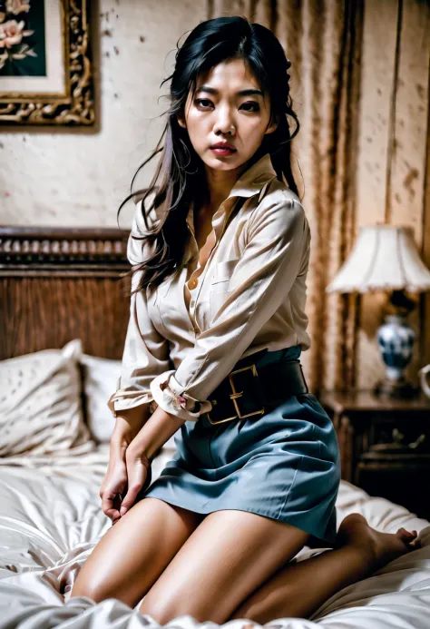 beautiful asian woman handcuffed to a messy bed