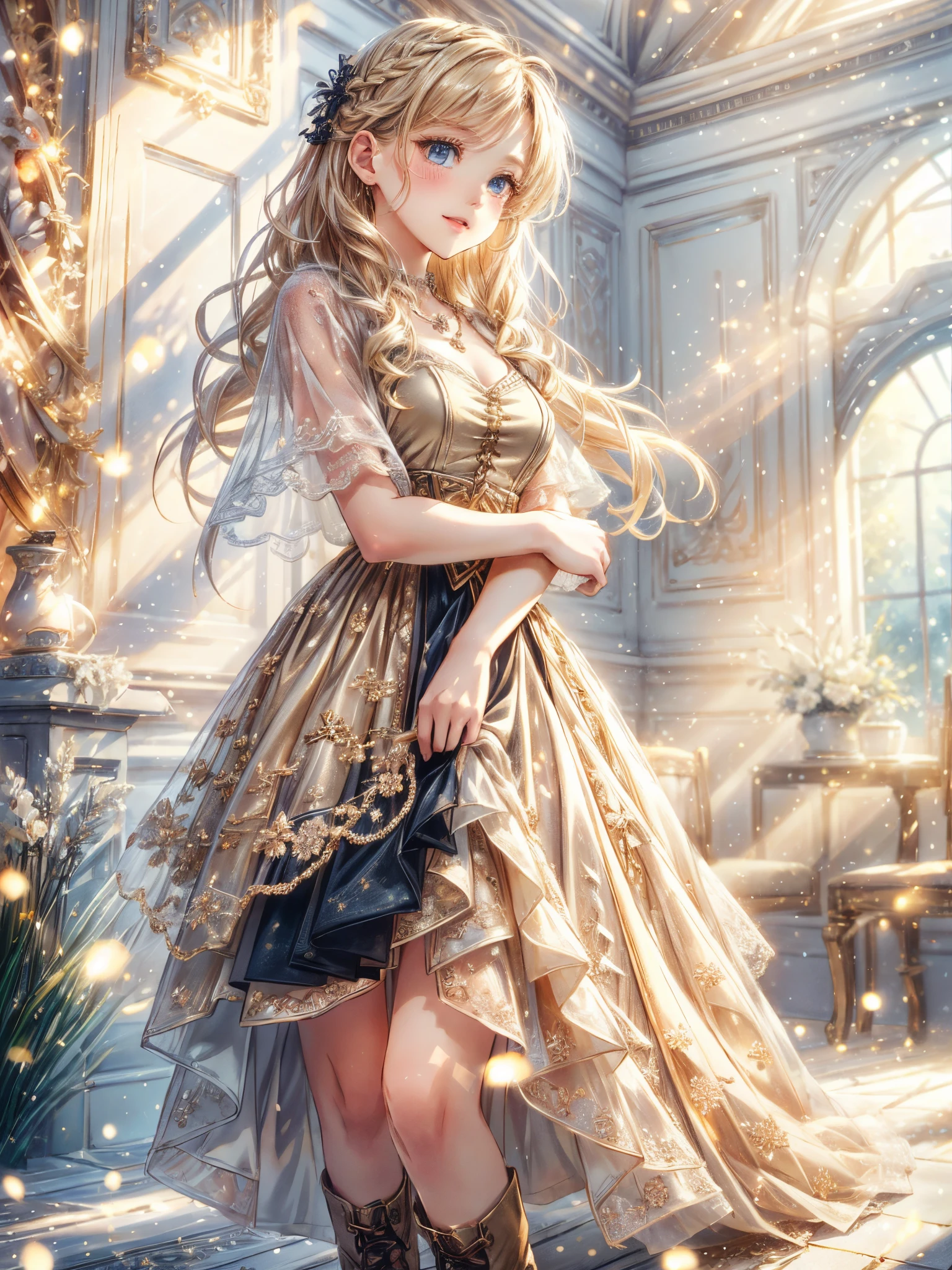 (​masterpiece),(top-quality:1.2),1girl in,(masuter piece:1.3),exquisitedetails, Highest quality 8K resolution, Ultra-detailed, Realistic, Vibrant colors, Soft tones, With warm and gentle lighting,(Smooth straight blonde hair:1.2),(Hair parted in the middle:1.3),(Glowing hair),(Dark blue eyes:1.3),White skin, hair clips,Small necklace,A gentle feeling overflows,The sun's rays illuminate joy and pure love, Warm golden glow,An atmosphere full of happiness and laughter, As if celebrating love,Ultra-detailed depiction and vivid colors,A style that combines romanticism and realism,depth of love,color palettes,Create an ethereal atmosphere like a dream,Soft and diffuse lighting,masterpiece artwork,  Woman standing against a wall wearing a beige dress and black boots, Beige, eora, ivory, soft silk dress, with cape, beige colors, ( ivory black ), asa, pastel, sandy beige, Olivia,  Dress, elegent, taupe, multilayered outfit