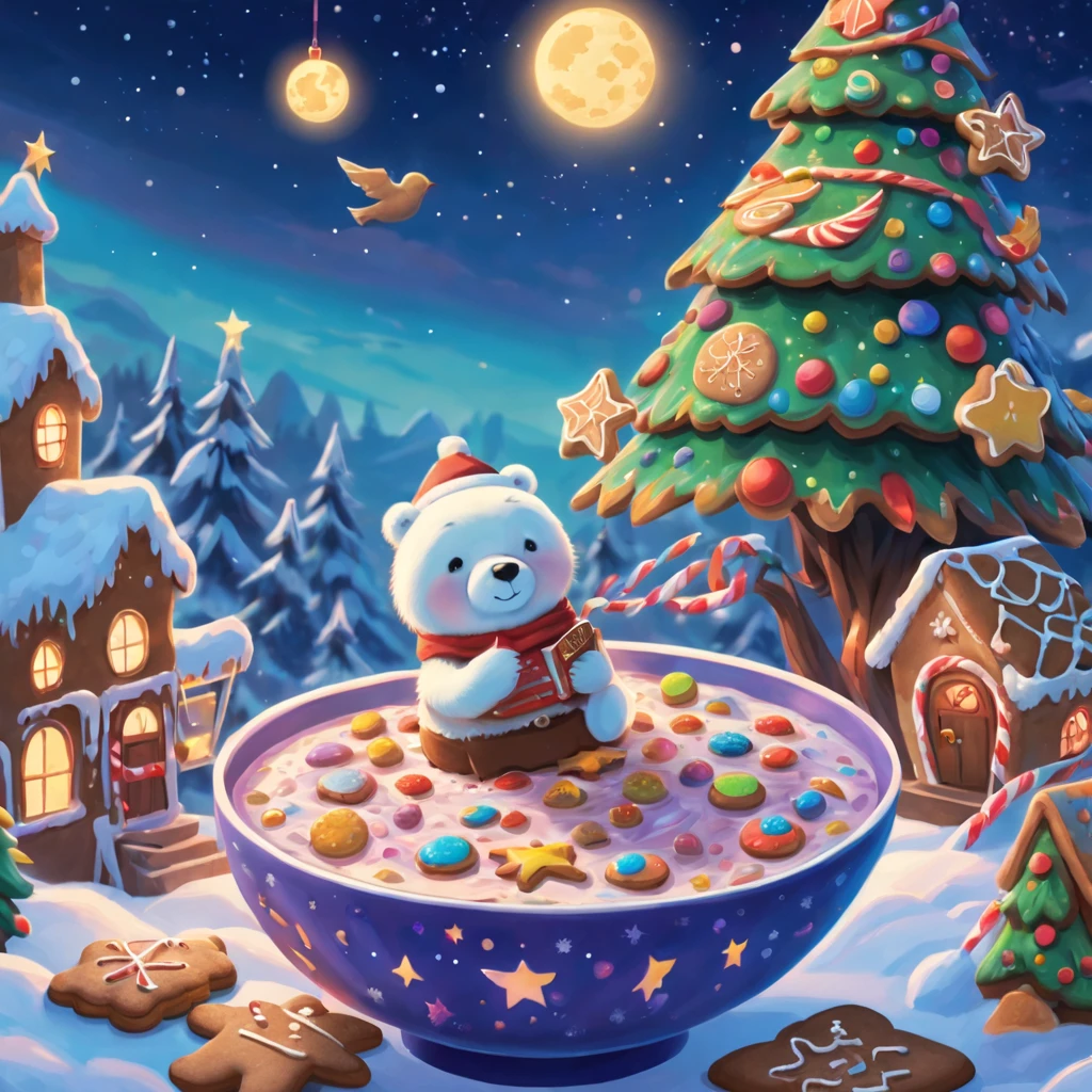 Best quality at best, 8K, A high resolution, tmasterpiece:1.2), ultra - detailed, (actual, realistically:1.37), vibrant with colors, magical ambiance, Whimsical, Sparkling，Fantasy Christmas World, themoon，(Snowy night in Christmas town)，((The middle of the picture，Cute little polar bear wearing a Christmas hat holding a book and a bag of cookies, Pour biscuits into bowl，The chocolate bird lands on the gingerbread man&#39;s head，Christmas elements))，((Christmas tree，Confectionery，Cane sugar，Christmas gifts)), and decorations, Cute design style, natta，Skysky，moon full，Shown in this beautiful scene, vibrant with colors, Surreal, Psychedelic, Complicated details, Beautiful texture, Ethereal, like a dream, Soft glowing light, Charming Patterns, fantastical creature, Hidden surprises, dreamlike landscapes, Surreal color palette, Mystic aura, hyper realisitc, Enchanting journey, psychedelic trip, vivid imagination, immersive experience, mysterious creature, otherworldly charm, glowing paths, Light up a dreamy and beautiful Christmas, surreal sky, Whimsical Christmas elements, a magical encounter, Fascinating artwork