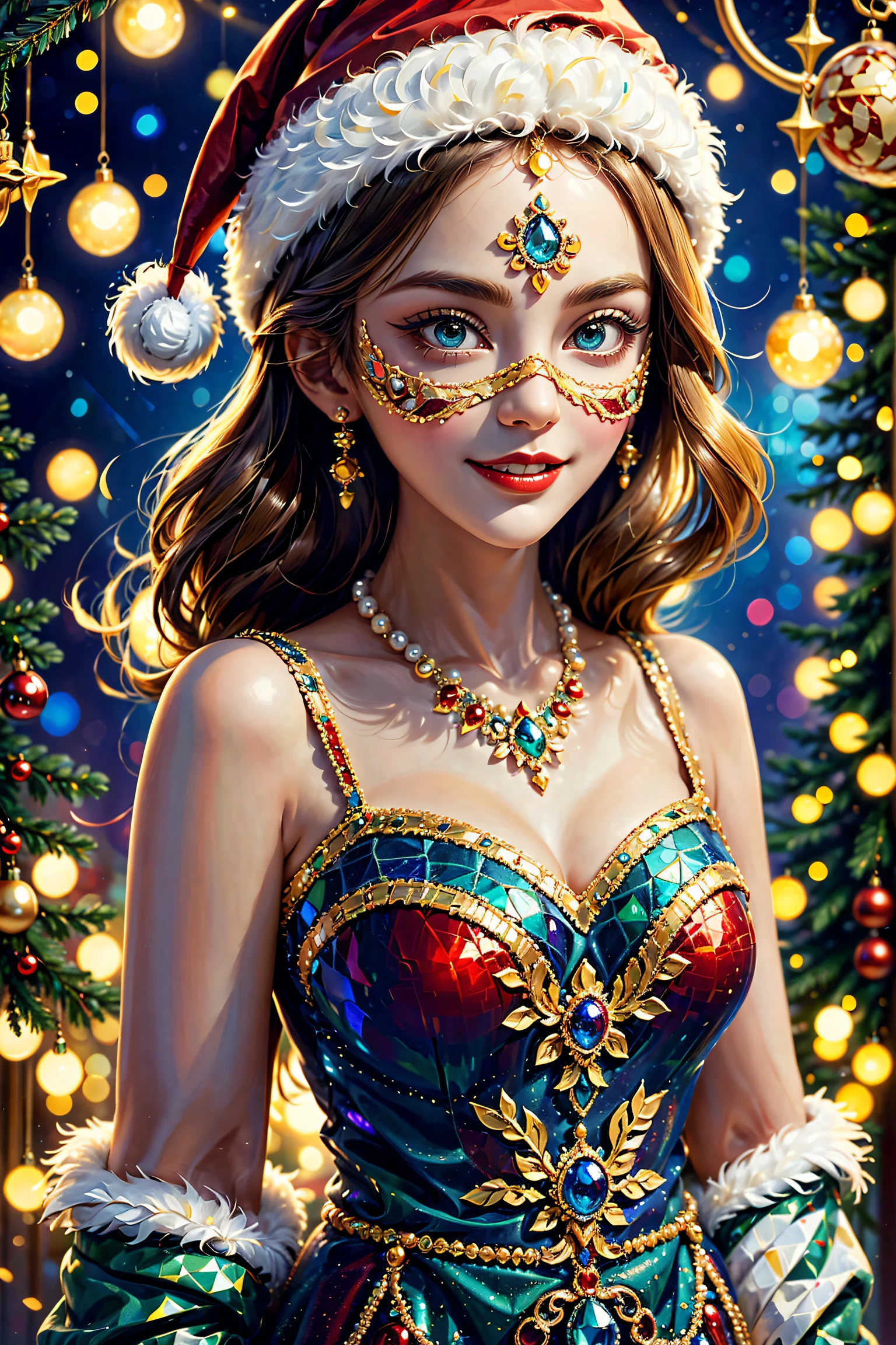 （Mosaic Christmas mask），one-girl，Santa hat，A festive smile，pearls necklace，Golden mosaic pattern on mask，festive atmosphere，sporty attire，mosaic art，Christmas festive colors，colorful adornments。