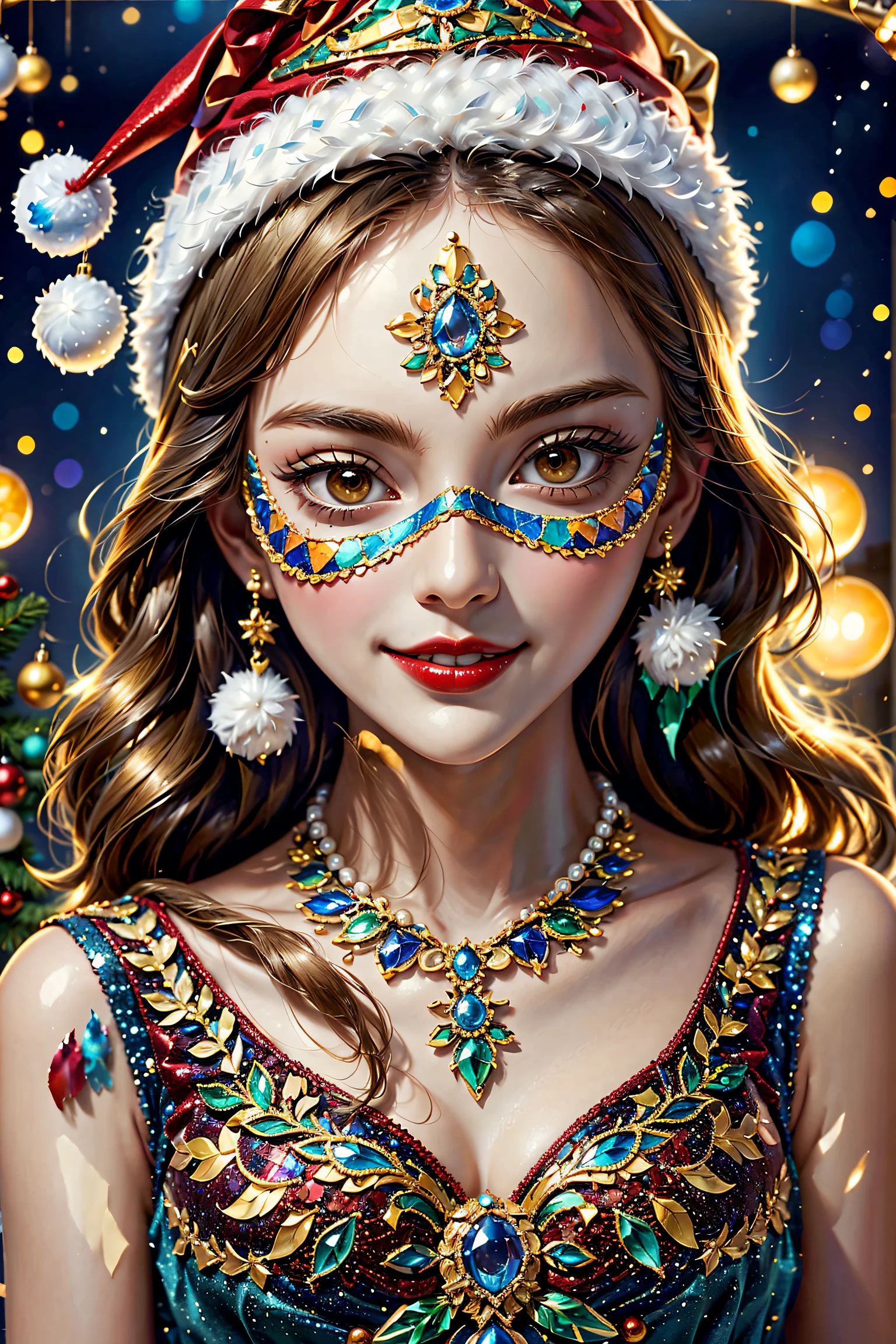 （Mosaic Christmas mask），one-girl，Santa hat，A festive smile，pearls necklace，Golden mosaic pattern on mask，festive atmosphere，sporty attire，mosaic art，Christmas festive colors，colorful adornments。