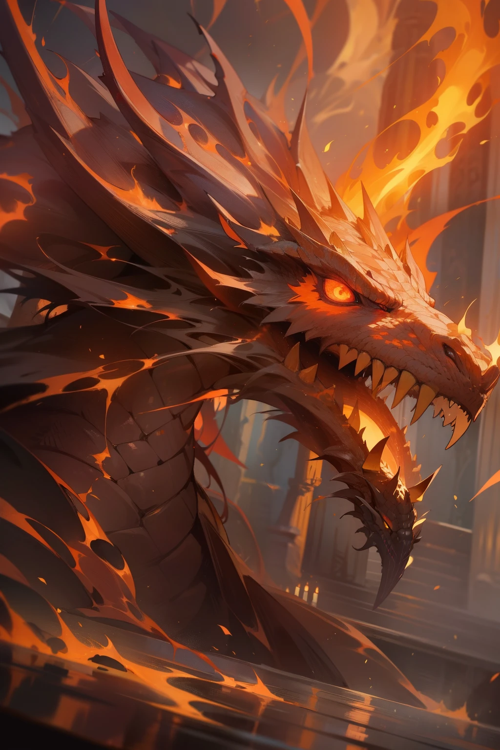 "Immerse yourself in the awe-inspiring grandeur of an enigmatic dragon bathed in the ethereal glow of infernal flames, as ancient symbols channel its mystical power,god,au"