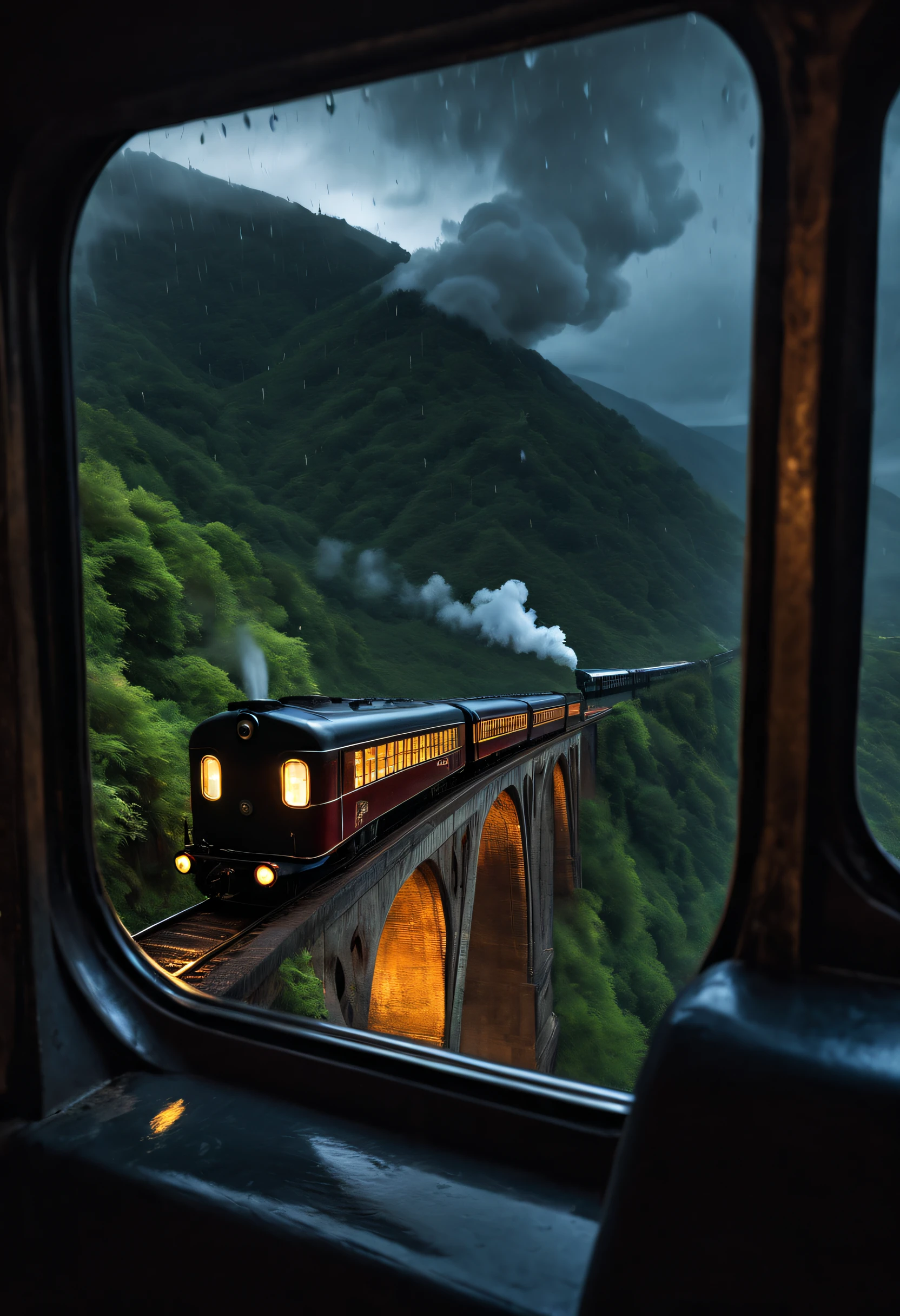 Late at night，storm，precipice，viaduct，falling leaf，Raindrops on car window glass，，There  a steam train in the distance，endless mountains