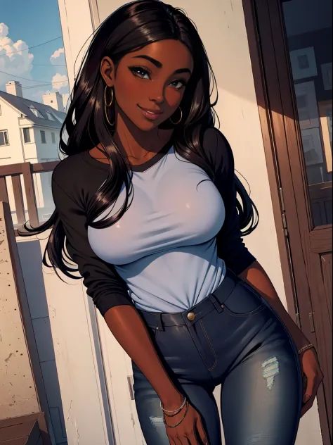 Dark skin ebony young woman in a casual shirt and blue jeans, clear defined brown eyes, perfect wild cloud of long black hair, deceptively shy, blushing with a secretive smile, flirtatious, mischievous