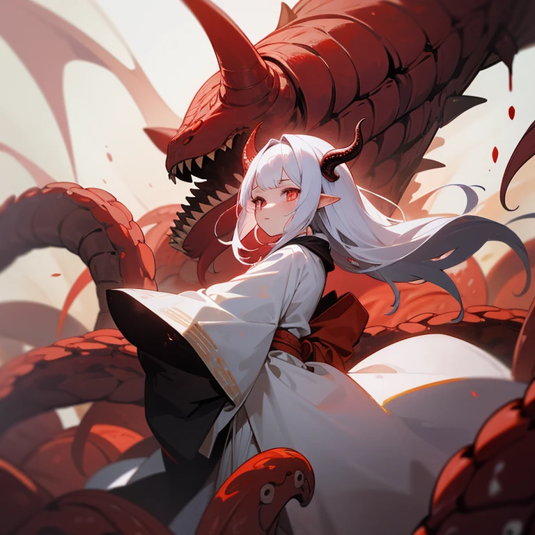 A young girl, with poor milk, with golden eyes burning like flames, little pointy ears like fairies, long pure white hair blowing in the wind, black dragon horns on her head, a sorcerer's dress, a wide robe sleeve covering her hands, a golden pattern at the edge of the robe, and a black dragon tail behind her, Blood-red tentacles protrude from the sleeves of his clothes, Behind the girl was the shadow of a Cthulhu god, and nearby there were a large number of dense tentacles with eyes and flames flying around the girl