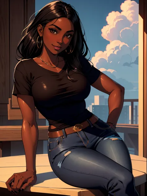 Dark skin ebony young woman in a casual shirt and blue jeans sitting with her chin propped on her fists, clear defined brown eyes, perfect wild cloud of long black hair, deceptively shy, blushing with a secretive smile, flirtatious, mischievous,